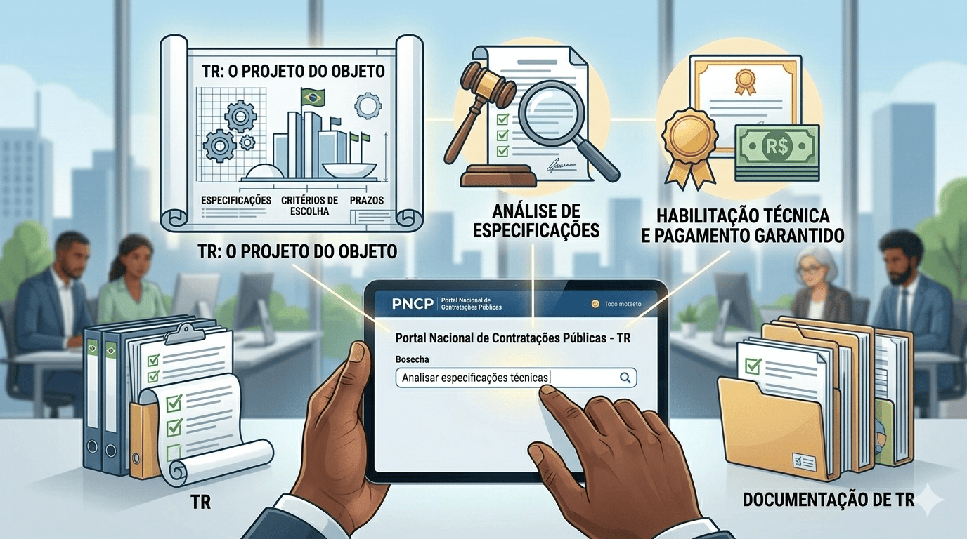 Vista em primeira pessoa de mãos segurando um tablet que exibe o Portal Nacional de Contratações Públicas (PNCP). Ao redor do tablet, ícones ilustrados destacam os pilares do Termo de Referência: 'TR: O Projeto do Objeto' (representado por uma planta técnica), 'Análise de Especificações' (representado por um martelo de juiz e lupa) e 'Habilitação Técnica e Pagamento Garantido'. Ao fundo, um ambiente de escritório real com profissionais trabalhando.