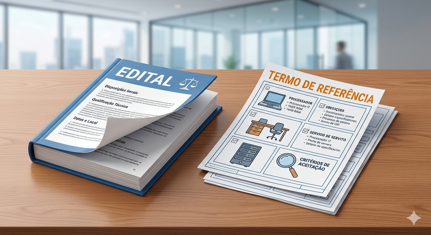 Imagem comparativa sobre uma mesa de escritório: à esquerda, um livro azul intitulado 'EDITAL' representando as regras gerais; à direita, documentos técnicos intitulados 'TERMO DE REFERÊNCIA' com ícones e especificações detalhadas do objeto