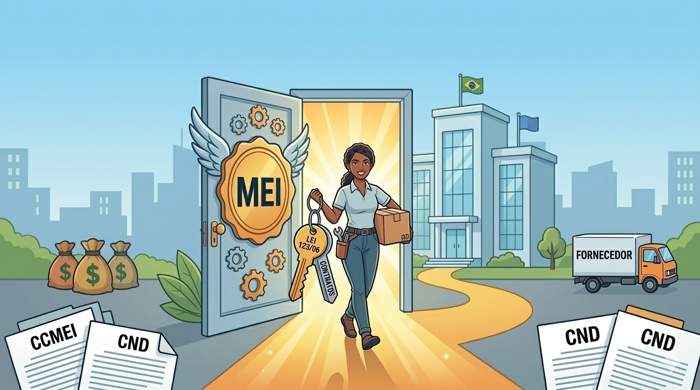 Ilustração em estilo digital limpo onde uma empreendedora MEI determinada usa uma chave-mestra "MEI" para abrir uma porta monumental. Através da porta, um caminho de luz dourada se abre, ilustrando a "Porta de Entrada nas Compras Públicas". A imagem simboliza acesso, preferência e o crescimento permitido pelas leis de licitação para o microempreendedor individual.