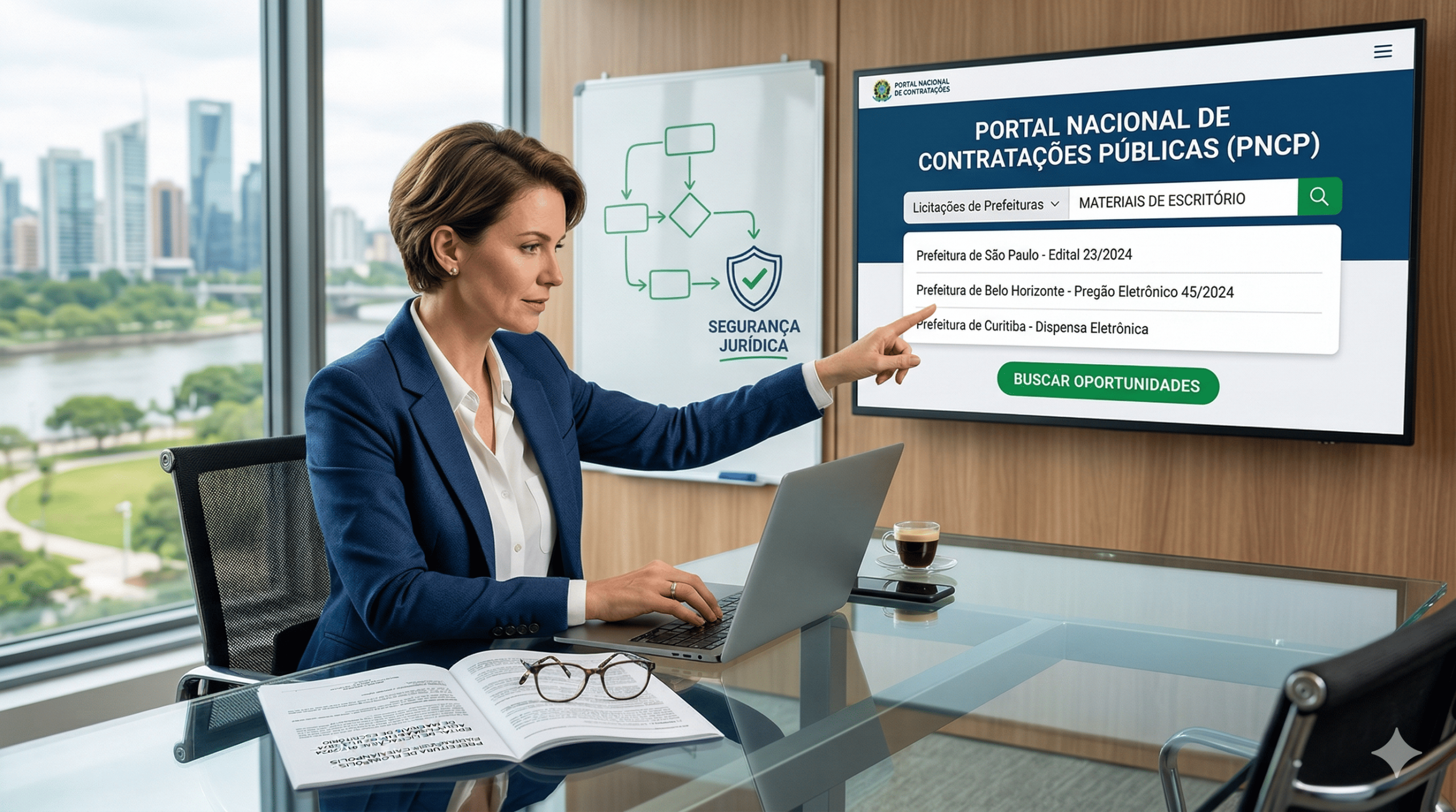 Mulher em ambiente de escritório executivo apontando para uma tela de computador que exibe o portal PNCP com resultados de como encontrar licitações de prefeituras, ao lado de um quadro branco com fluxograma de segurança jurídica.