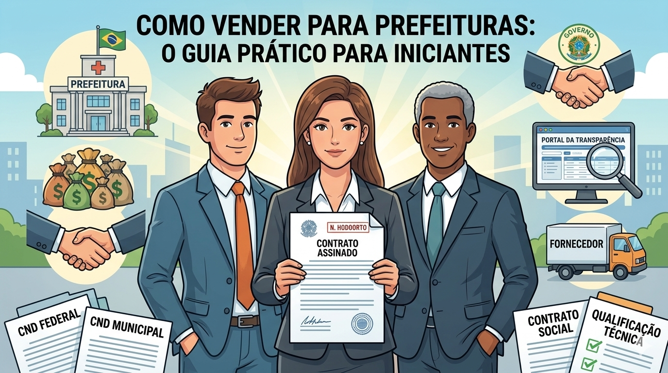 Ilustração em estilo digital mostrando uma equipe de especialistas jurídicos à frente de uma prefeitura, segurando um contrato assinado. A imagem inclui elementos de licitação como certidões (CND), portal da transparência, caminhão de fornecedor e sacos de dinheiro, ilustrando o guia prático de como vender para prefeituras.
