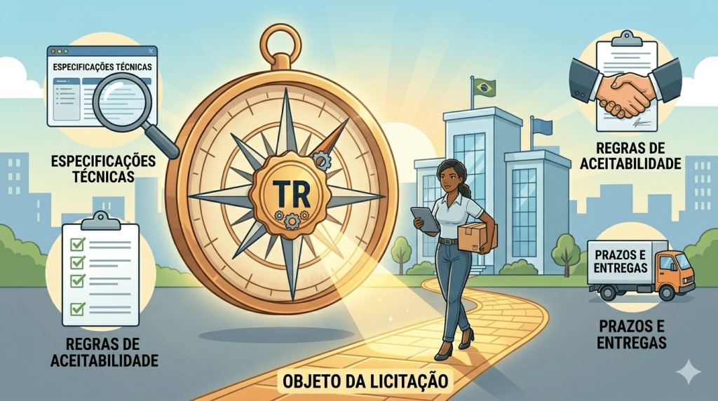 Ilustração conceitual em estilo digital onde uma bússola gigante com o selo "TR" (Termo de Referência) emite um caminho dourado que guia uma empreendedora até a prefeitura. Ícones de especificações técnicas, regras de aceitabilidade e logística flutuam ao redor, simbolizando a clareza jurídica fornecida pelo documento.