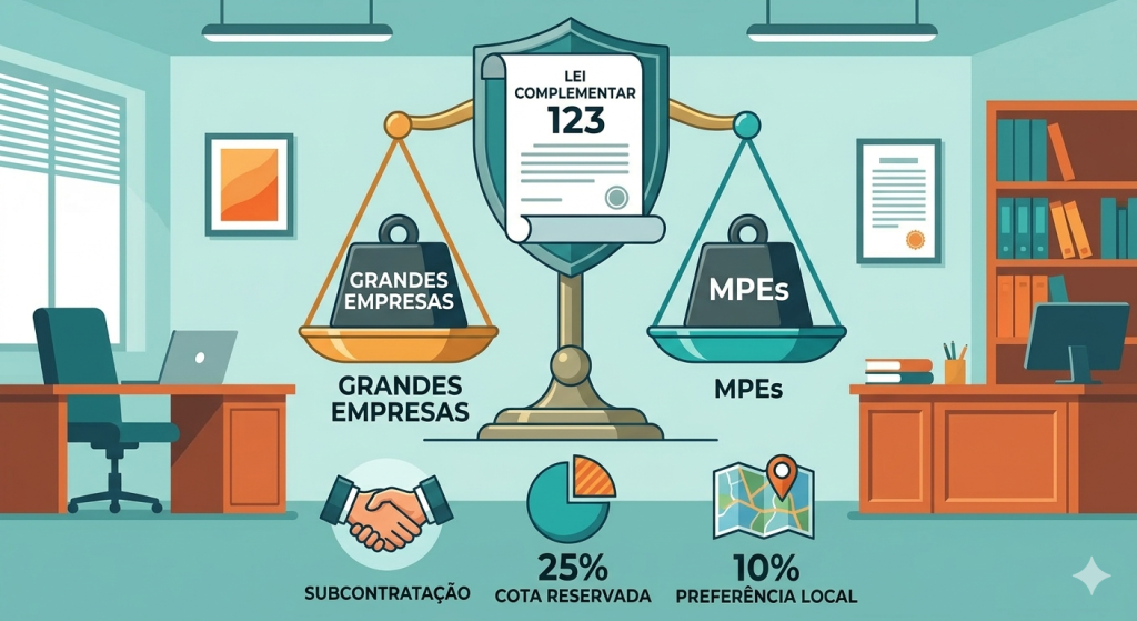 Infográfico detalhando por que as pequenas empresas podem vender para o governo com benefícios exclusivos de cotas e subcontratação conforme o Artigo 48 da Lei 123.