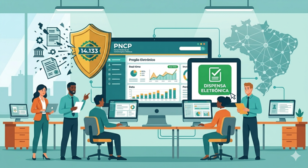 Equipe usando a Dispensa Eletrônica e o PNCP, provando que pequenas empresas podem vender para o governo de forma rápida e digital com a Nova Lei de Licitações 14.133.