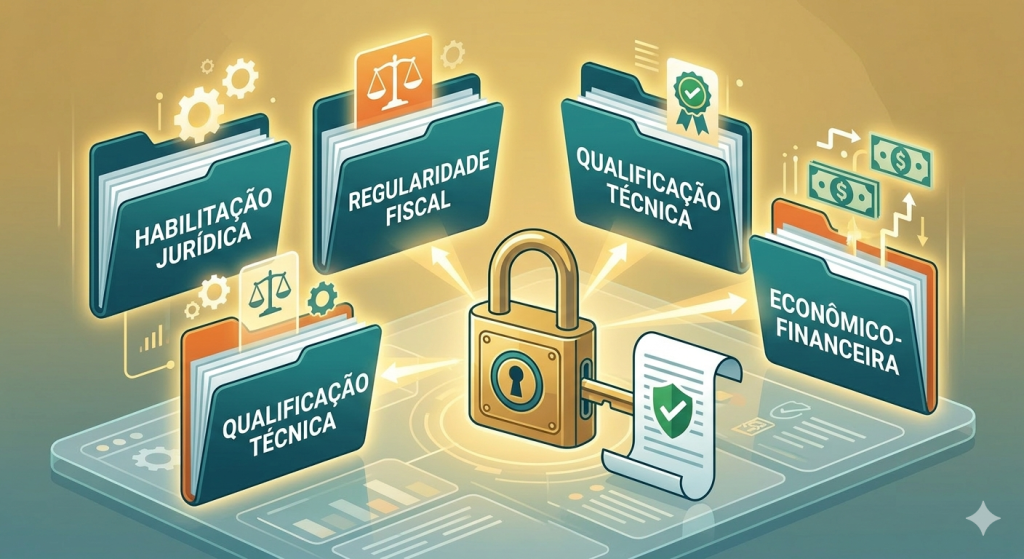 Diagrama dos documentos essenciais (Habitação Jurídica, Fiscal, Técnica e Financeira) para que pequenas empresas possam vender para o governo de maneira regular e profissional.