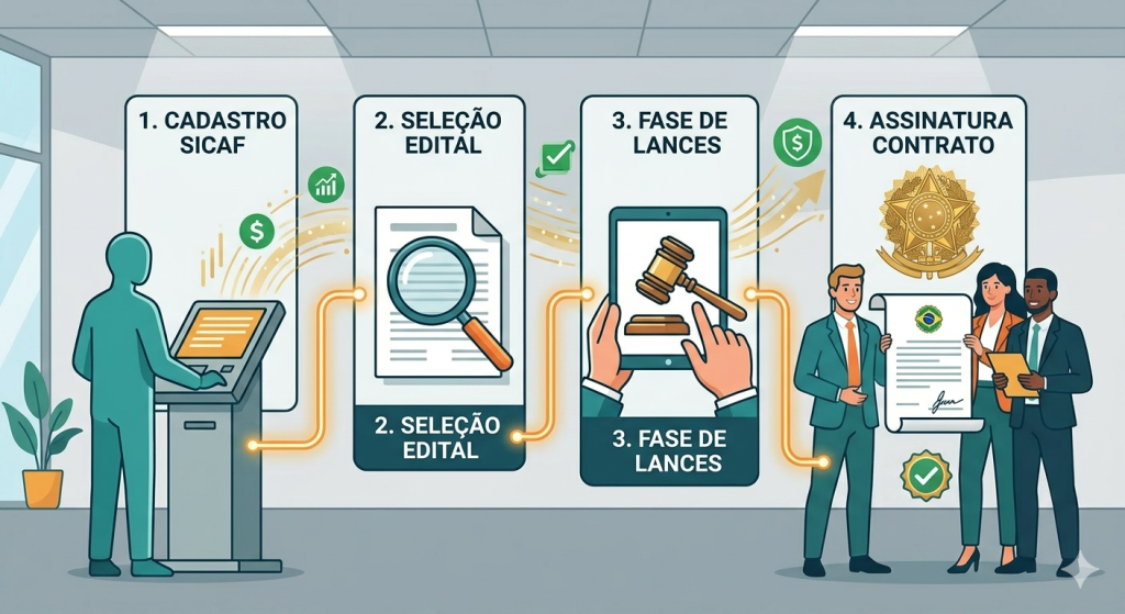Guia visual passo a passo mostrando desde o cadastro no SICAF até a vitória em licitações, explicando como pequenas empresas podem vender para o governo na prática.