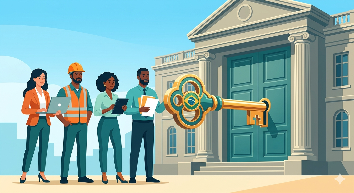 Ilustração mostrando como as pequenas empresas podem vender para o governo ao abrir portas de oportunidades de negócios no mercado público.
