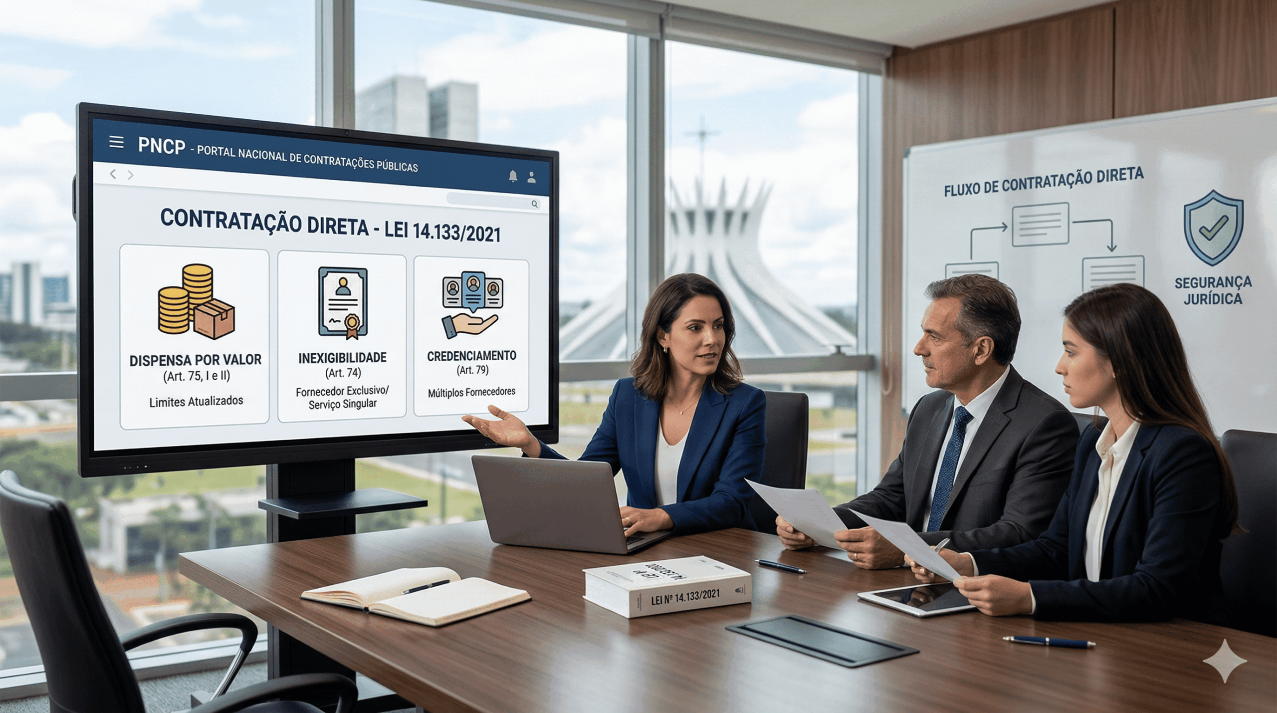 Equipe em sala de reuniões com vista para Brasília, analisando tela digital que detalha os tipos de contratação sem licitação conforme a Lei 14.133, incluindo dispensa por valor, inexigibilidade e credenciamento com foco em segurança jurídica.