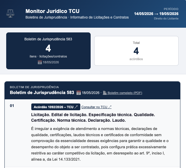 Monitor Jurídico TCU - boletim de jurisprudência sobre licitações e contratos