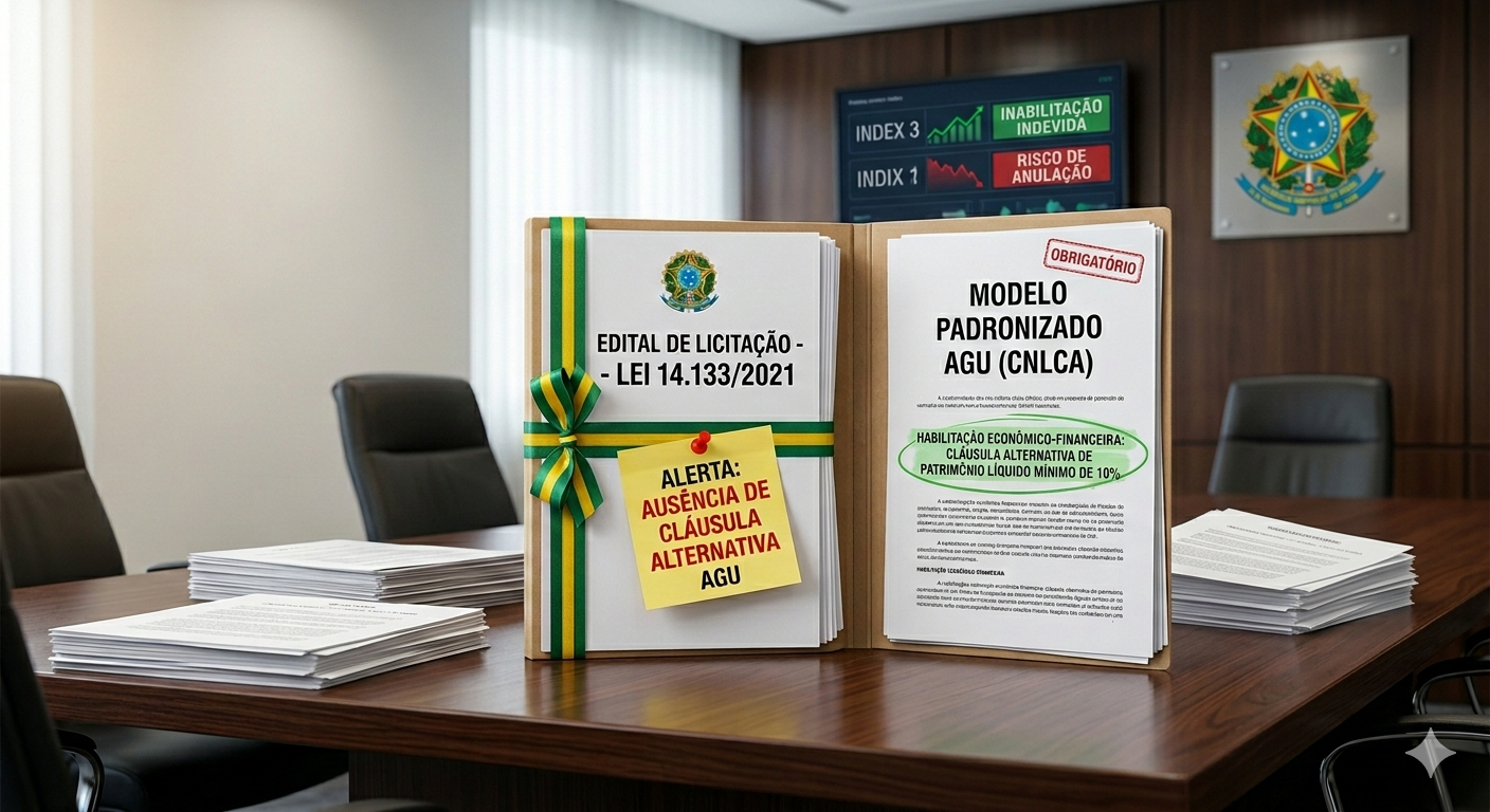 Imagem de uma pasta aberta sobre uma mesa de reunião, contrastando um "Edital de Licitação da Lei 14.133/2021" com o "Modelo Padronizado da AGU". Um post-it amarelo alerta para o "Risco da ausência de cláusula alternativa da AGU"