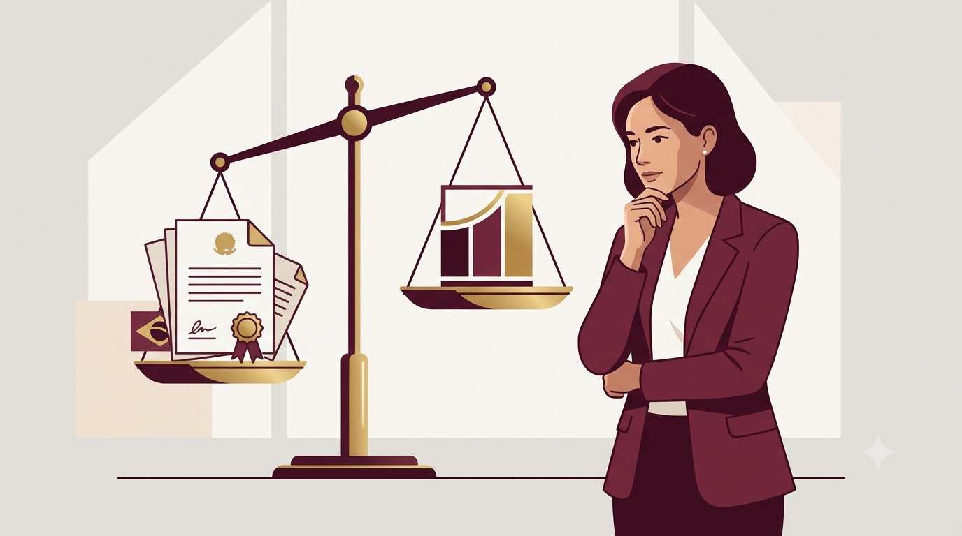 Ilustração vetorial corporativa em estilo minimalista mostrando uma empresária observando uma balança da justiça. Em um dos pratos da balança, há documentos contratuais com selo oficial e um detalhe da bandeira do Brasil; no outro prato, um gráfico estilizado simbolizando um limite financeiro. A paleta de cores é sóbria, composta por tons de vinho (borgonha), dourado e um fundo neutro claro.