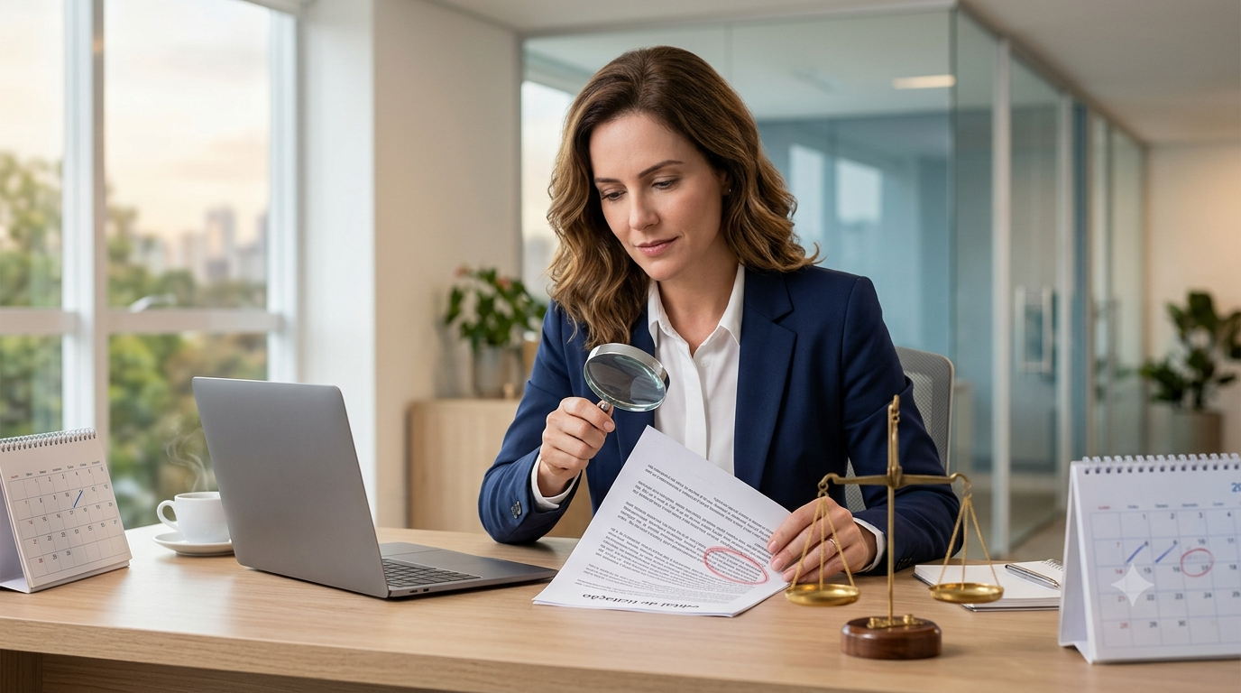Fotografia em estilo editorial corporativo de uma mulher de negócios vestindo blazer azul-marinho e camisa branca, sentada à mesa de um escritório moderno e iluminado. Ela segura uma lupa e analisa atentamente um documento impresso de licitação pública ("edital") que possui um trecho circulado em vermelho. Sobre a mesa de madeira clara, veem-se um notebook cinza aberto, uma xícara de café fumegante, uma balança da justiça dourada e dois calendários de mesa indicando prazos. O fundo mostra divisórias de vidro do escritório com um desfoque suave.