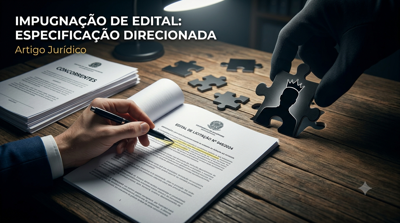 Fotografia em estilo corporativo e dramático para capa de artigo sobre impugnação de edital. Em uma mesa de madeira escura iluminada por uma luminária de foco direcionado, a mão de um advogado segura uma caneta e analisa um documento impresso com o título "EDITAL DE LICITAÇÃO Nº 045/2024", destacando trechos com caneta marca-texto amarela. Ao lado, uma pilha de papéis com o título "CONCORRENTES"